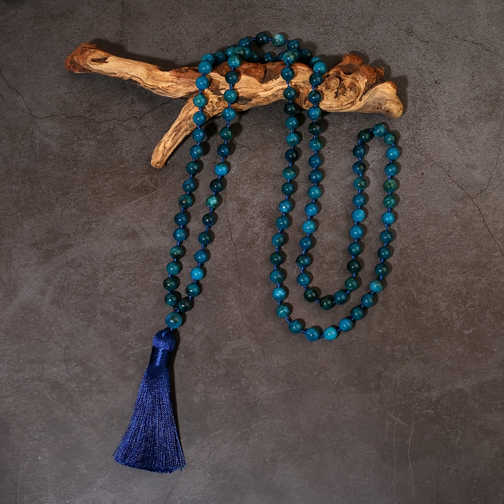 Men's Natural Phosphorite Bead Necklace Green 108 Beads Tassel Pendant
